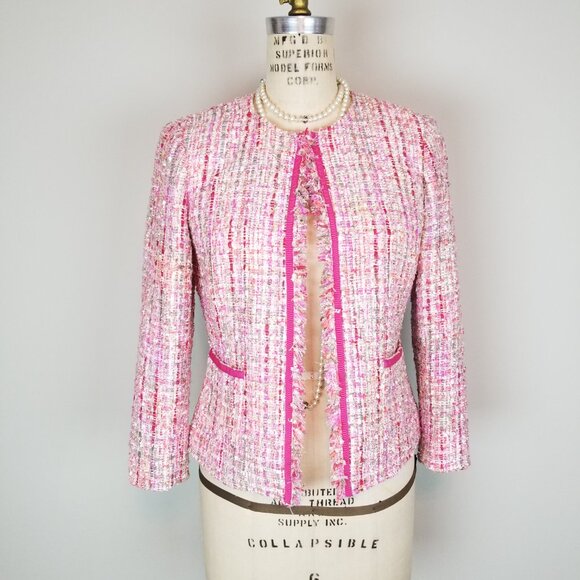 Tahari Arthur Levine Pink Tweed Boucle Sparkle Jacket Ladies Size 2 Petite - Picture 2 of 10